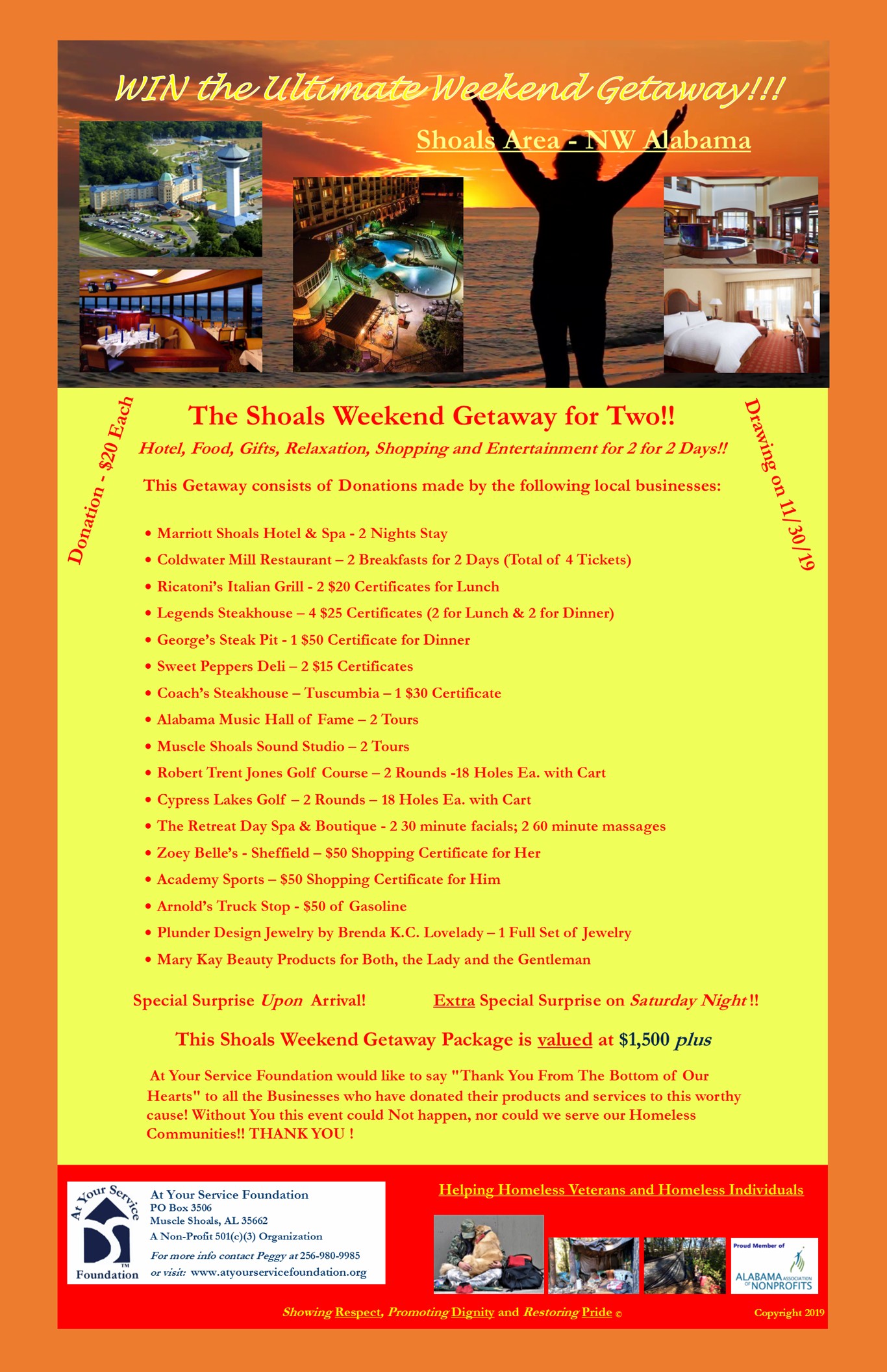 win shoals alabama weekend getaway flyer with donations by marriot hotel academy sports ricatoni's robert trent jones zoey belle's mary kay and others